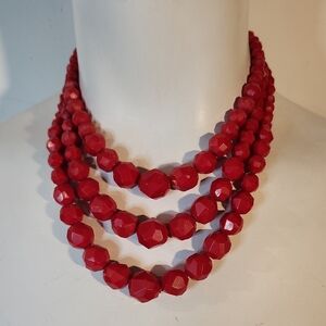 Vintage | Deep Red Faceted Plastic Triple Strand Bead Necklace | Germany